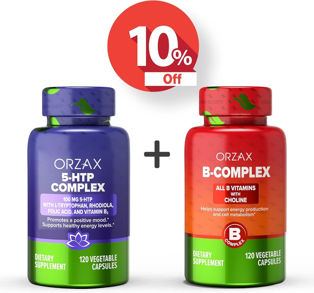 ORZAX 5 HTP Complexo 100 Mg 120 Vegatable Cápsulas e Complexo Vitamina B, B Vitaminas com Colina e Inositol 120 Cápsulas, Bundle