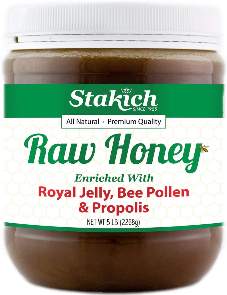 Stakich Royal Jelly, Pólen de Abelha, Própolis Enriquecido Mel - puro, não processado, não aquecido - 5 Libras (80 Onça)