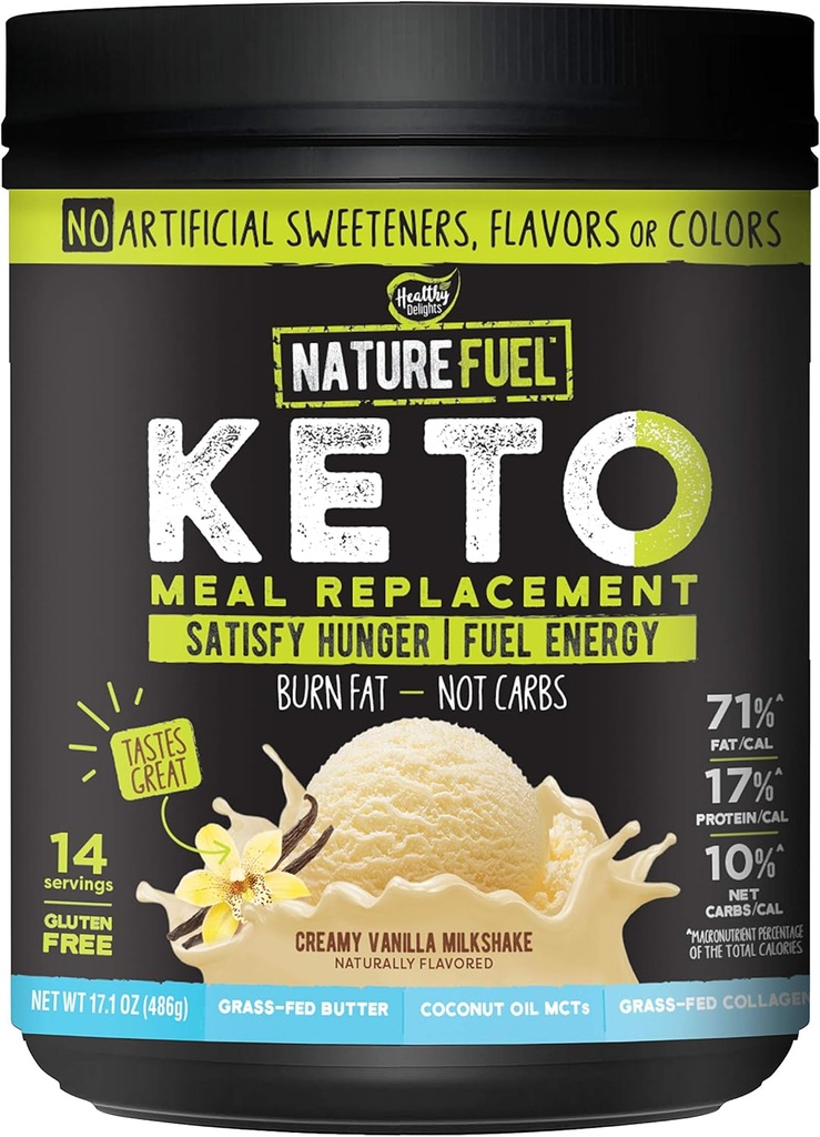 Combustível natureza Keto Refeição de substituição em pó - Glúten grátis com óleo de coco MCTs e manteiga de grama - Creme Baunilha Milkshake - 14 Servings - Despensa amigável, 17.1 Fl Oz