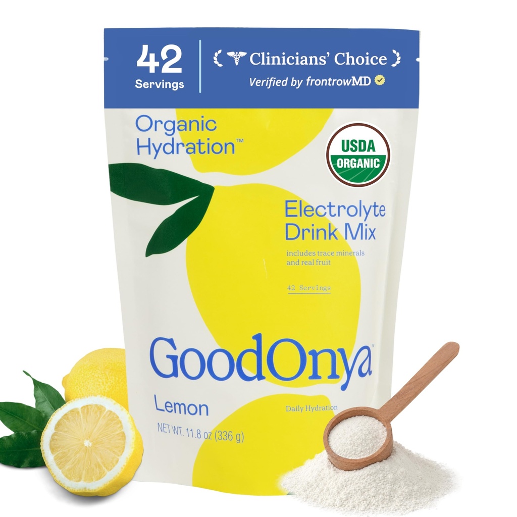 GOODONYA Organic Hydration Electrolyte Drink Mix, Certified Organic Hydration Powder, Non-GMO, Biochecked Glyphosate Free, Baixo açúcar, sabor de limonada, Sem sabores artificiais, 42 Servings