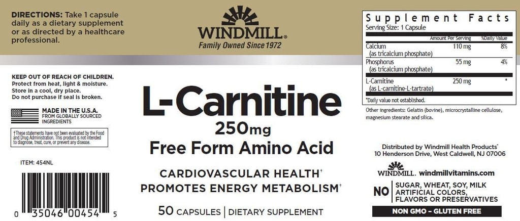 Moinho de vento L-Carnitina 250 mg Cápsulas 50 Count (3 Embalagem)