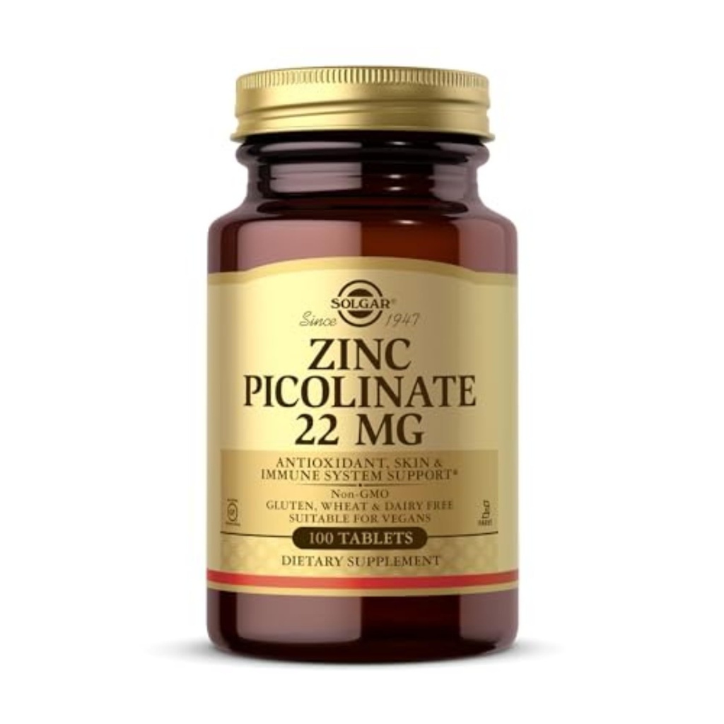 Solgar Picolinato de zinco 22 mg, 100 Comprimidos - Promove a pele saudável - Suporta sistema imunológico, gosto normal & visão - Antioxidante – Não-GMO, Vegan, Glúten livre, Kosher - 100 Servings