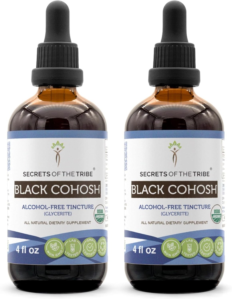 Segredos da tribo Black Cohosh USDA Orgânico Extrato Livre de Álcool, Gotas de Ervas de Alta Potência □ Feito a partir de 100% Certified Organic Black Cohosh (Cimicifuga Racemosa) Secado Root 2x4 oz