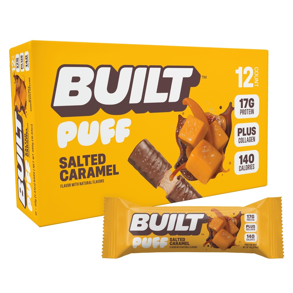 Barra construída, Puff Protein Bars, Puff Caramel Salgado, 17g Snacks Protein, On-The-Go Bars, Apenas 140 calorias, 6g Açúcar, Colágeno, Glúten Livre, 12 Contagem
