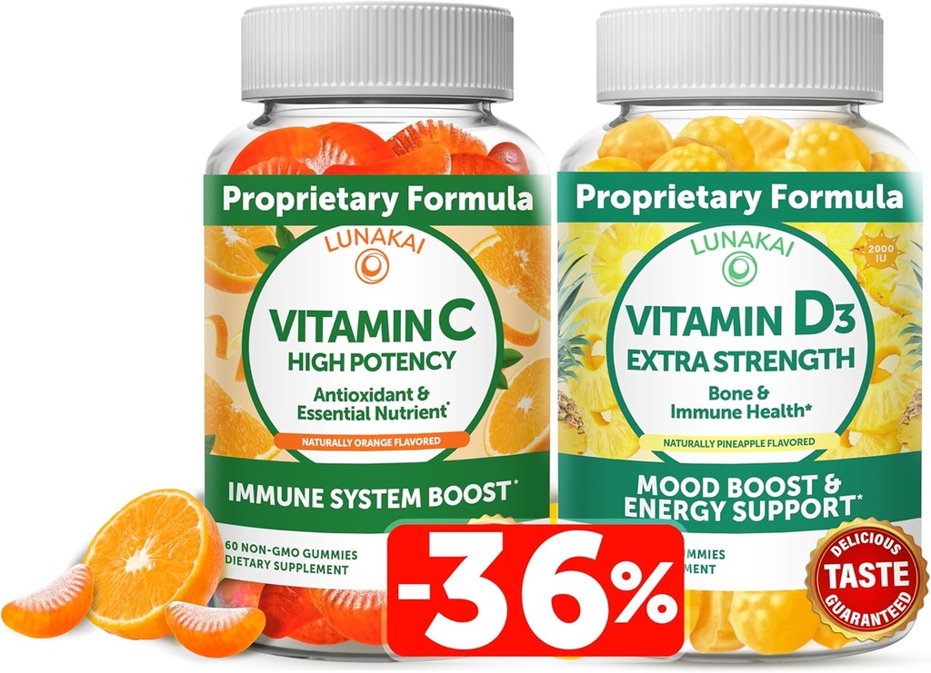 Pacote de pastilhas de vitamina C e vitamina D3 Lunakai - 300mg Orgânica, Não-GMO, Gummy mastigável Vegan - Imunidade, osso e humor Suplemento de suporte para adultos