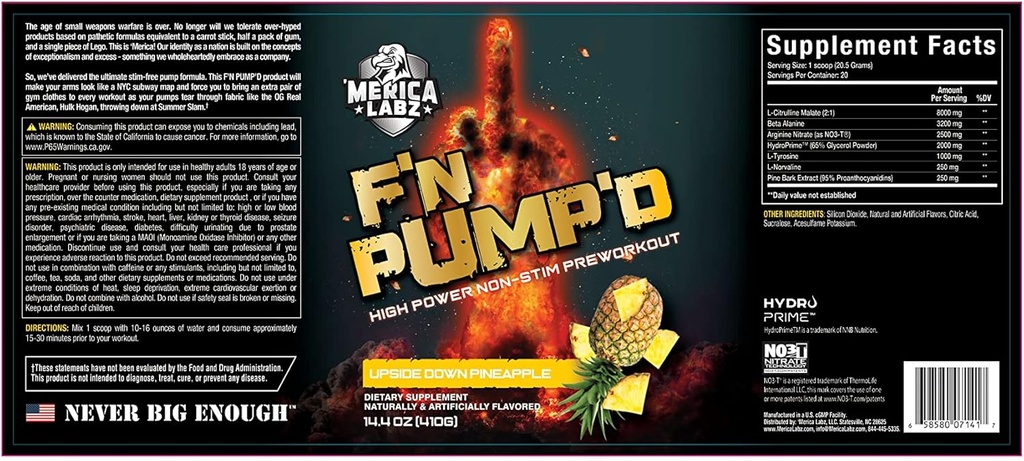 'Merica Labz F'N Pump'D Estimulante Livre, Óxido Nítrico, Dose Total, Pump PreWorkout Powder (20 Servings) (Upside Down Pineapple)