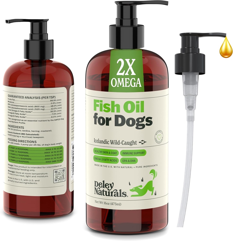 Deley Naturals Dog Fish Oil islandês 2X Omega - Cão comiching Skin Alief com Omega 3 6 9 para alergias, casaco e coração - Omega 3 Fish Oil para cães Skin Irritation - 16oz Omega Oil para cães Made in USA