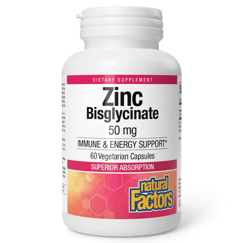 Fatores naturais Bisglicinato de zinco, 50 mg, 60 Cápsulas Vegetarianas