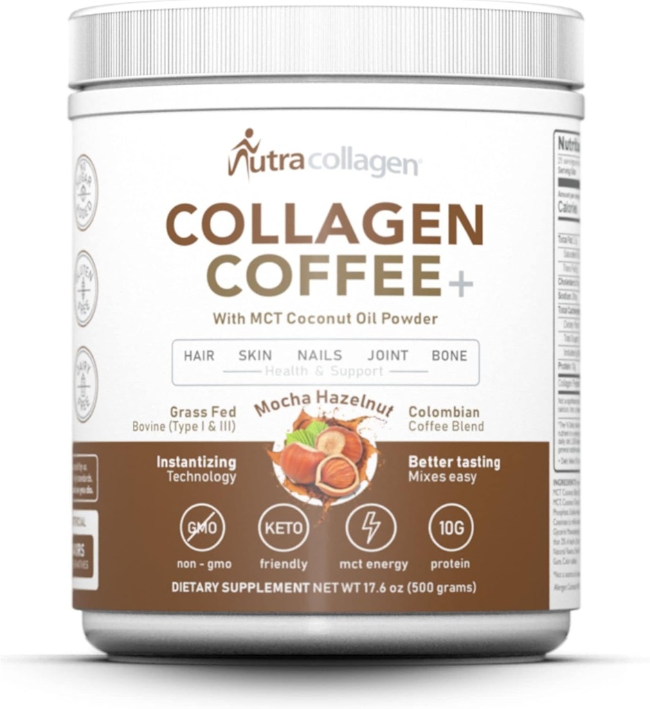 NUTRACOLLAGEN Peptide Powder com café Columbian Premium; Grama-Fed; Keto Friendly, MCT Coconut Oil Powder, Soy Free, Glúten livre de açúcar, 40mg Cafeína / SVG; Mocha Hazelnut 25 Servings