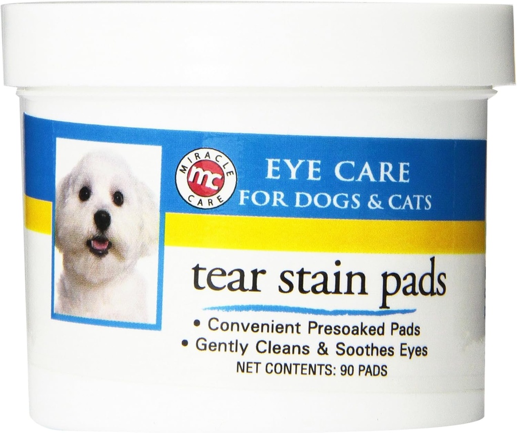 Miracle Care Fivelas Tear Pads, 90 único usar pré-encharcadas para limpar suavemente e acalmar os olhos do cão e do gato, fórmula não tensionante para melhorar as manchas de lágrimas e remover debris do olho