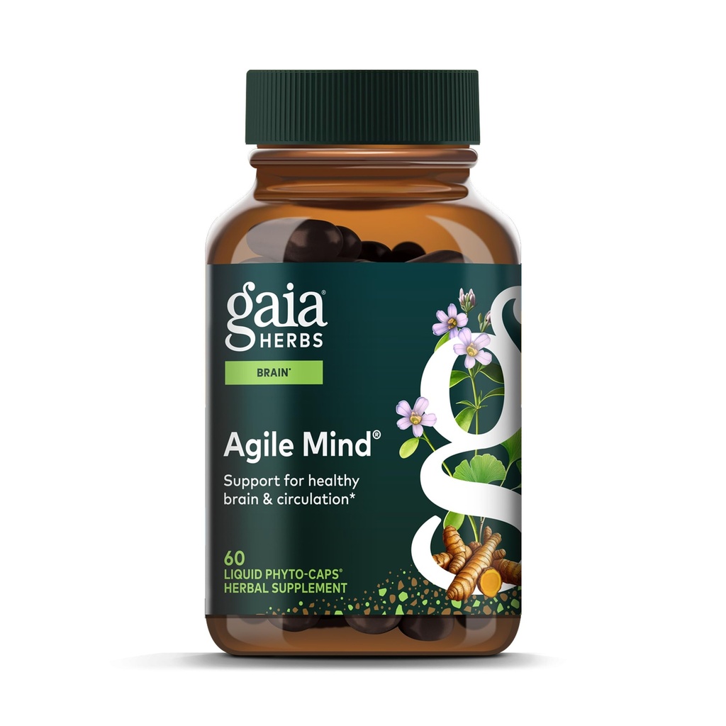 Gaia Herbs Agile Mente - Cérebro & Suporte Cognitivo Suplementos de ervas - com raiz antármica orgânica, Bacopa, Pimenta Negra, e Ginkgo Biloba - 60 Vegan líquido Phyto-Capsules (30-dia de fornecimento)