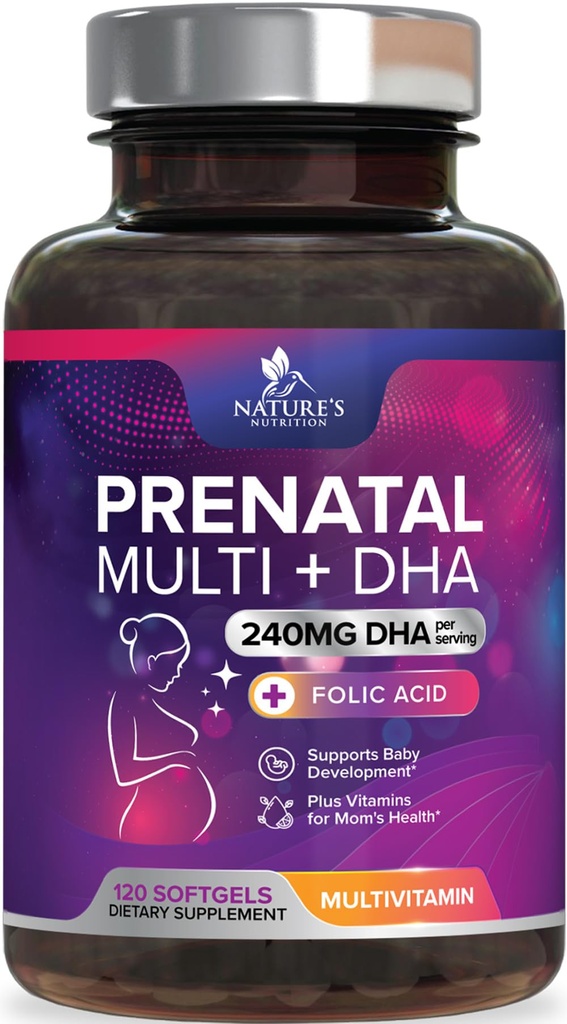 Vitaminas pré-natais com ácido fólico e DHA, apoio ao desenvolvimento do cérebro fetal com folato e Omega 3, multivitamina pré-natal para mulheres, vitamina A, C, D, B6, B12 e ferro, suplemento de gravidez - 120 Softgels
