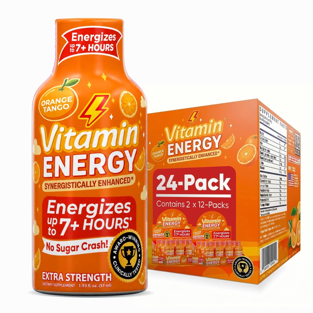 Vitamina Energia Imune+ Força extra Energia Shot Laranja Burst 24 Pack, 260mg Cafeína Natural, B-Vitaminas, Citicolina, Chá Verde, Imunidade e Foco Suporte, Açúcar Zero, Sem glúten 1,93 fl oz
