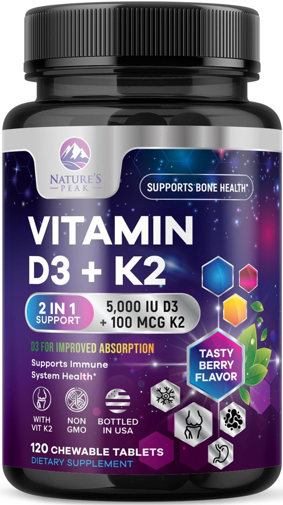 Vitamina D3 K2 - 5000 iu Vitamina D3 & 100 mcg Vitamina K2 (MK-7) Complexo para Apoio Imune - Apoio à Saúde Óssea, Dentes e Músculo - Berry Chewable, Gluten Free, Non-GMO, Bottled in USA - 120 Comprimidos