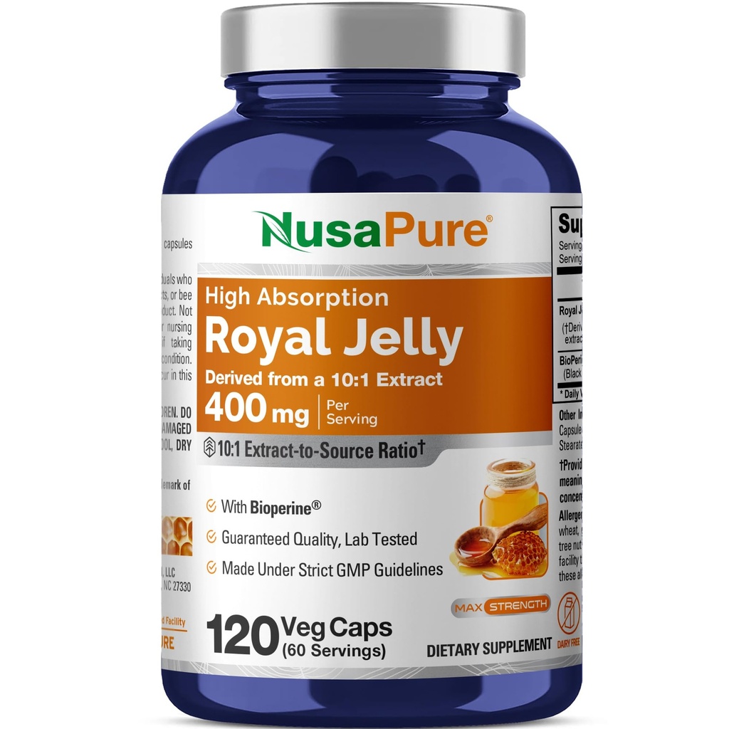 NusaPure Royal Jelly 10:1 Extract, 400 mg Equivalente a 4000 mg - 120 Cápsulas Veggie (Não-GMO, Gluten Free, Bioperine)