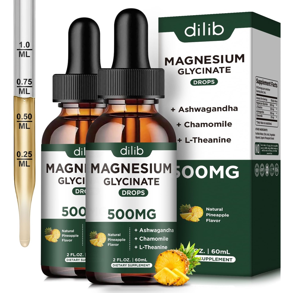 (2 Pack) Suplemento de glicinato de magnésio, gotas líquidas de magnésio com glicinato de magnésio 500mg Ashwagandha, L - Theanina, Camomila - Suporta sono calmo ideal Vegan