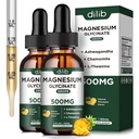 (2 Pack) Suplemento de glicinato de magnésio, gotas líquidas de magnésio com glicinato de magnésio 500mg Ashwagandha, L - Theanina, Camomila - Suporta sono calmo ideal Vegan