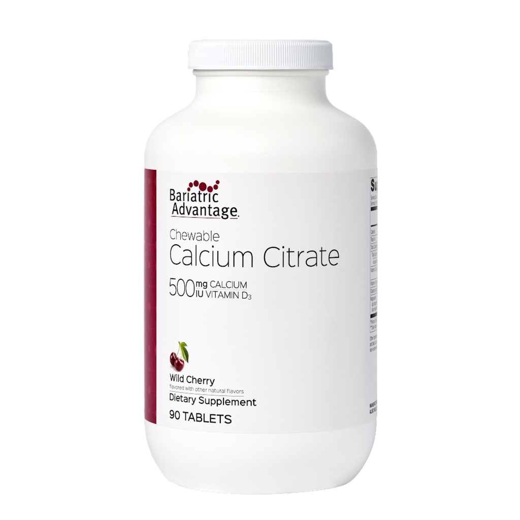 Vantagem bariátrica Citrato de cálcio mastigável 500mg com vitamina D3 para pacientes de cirurgia bariátrica incluindo Bypass gástrico e gastrectomia de manga, baixo açúcar - sabor de cereja selvagem, 90 contagem