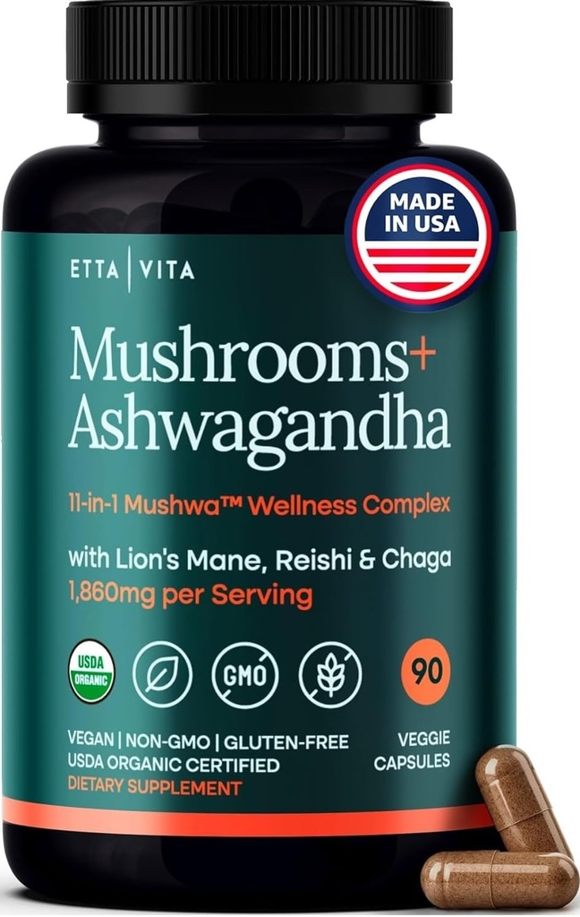 USDA Lions Organic Mane Supplement Cápsulas com Ashwagandha, Chaga, Reishi, Cordyceps, Turkey Tail (18.600mg/serv) 10x Adaptogenic Mushroom Complex as Focus Supplement - Energy, Immunity & Nootropic