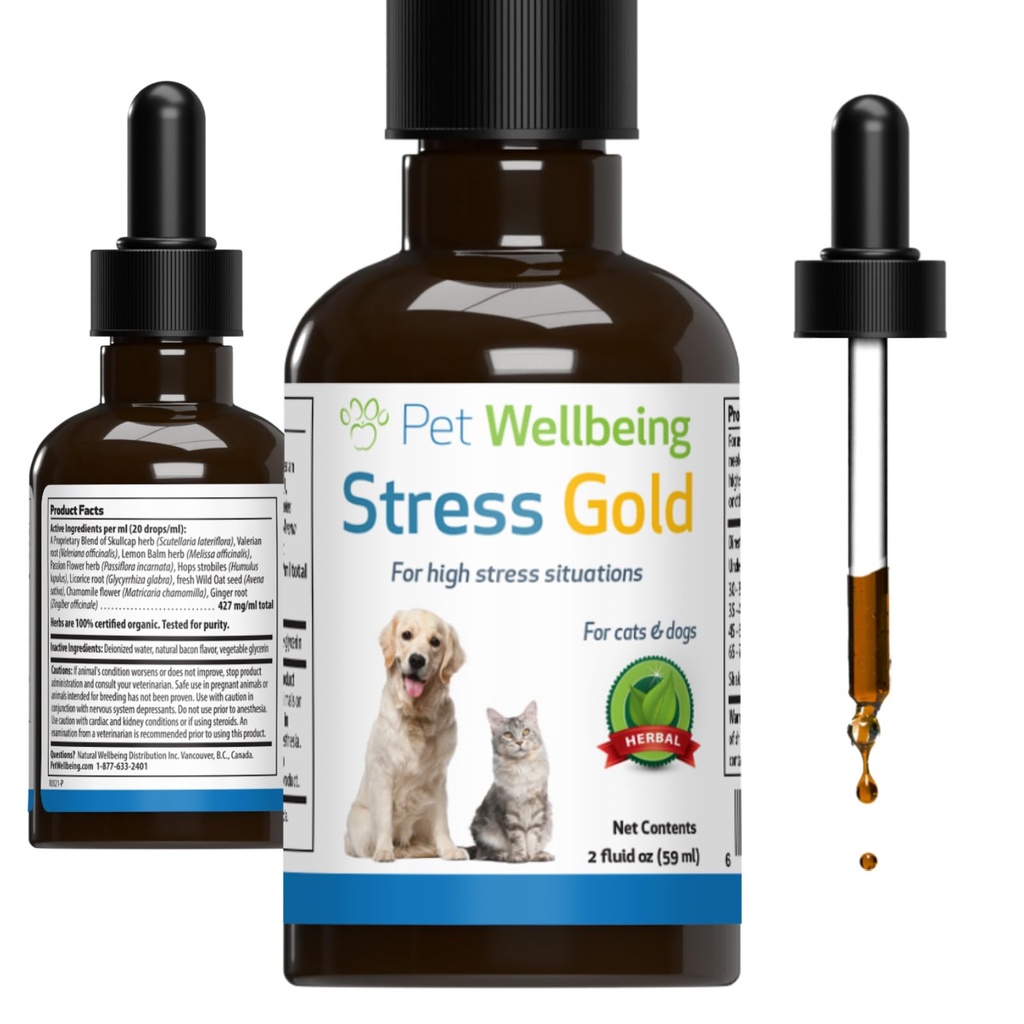 Pet Wellbeing Stress Gold for Cats - Vet-Formulated Situational Feline Stress Support - Fast-Acting Vet Visits, Travel, Grooming - Cat-Safe Holistic Herbal Blend - Liquid Support 2 oz (59ml)