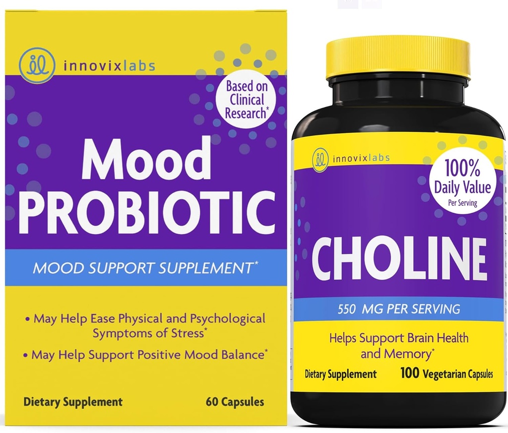 InnovixLabs Choline & Mood Probiótico Bundle Choline Bitartrate 550mg (100 Cápsulas) Mood Probiótico (60 Cápsulas). Suporta memória, humor, saúde cerebral e aumentar o cognitivo.*