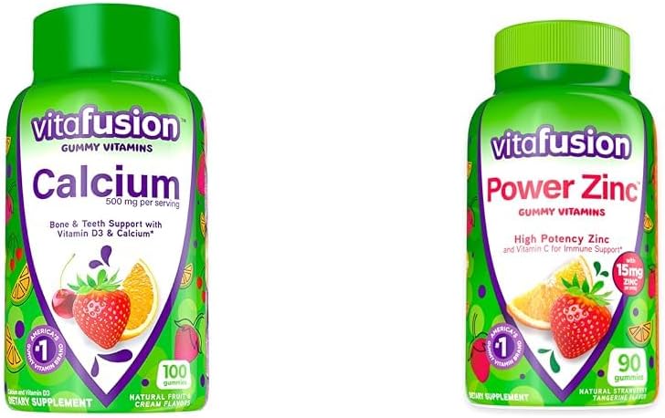 Vitafusão Vitaminas Gummy de cálcio para suporte ósseo, 100 Count & Power Zinc Gummy Vitaminas para suporte imunológico, 90 Count