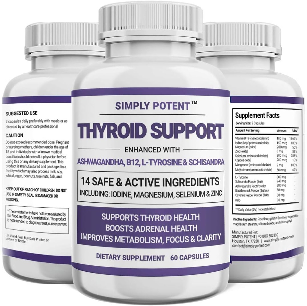 Suporte Thyroid simplesmente potente e suporte adrenal Suplemento 2-em-1 Fórmula natural com iodo e Ashwagandha para energia, metabolismo, foco para mulheres e homens, 60 Caps