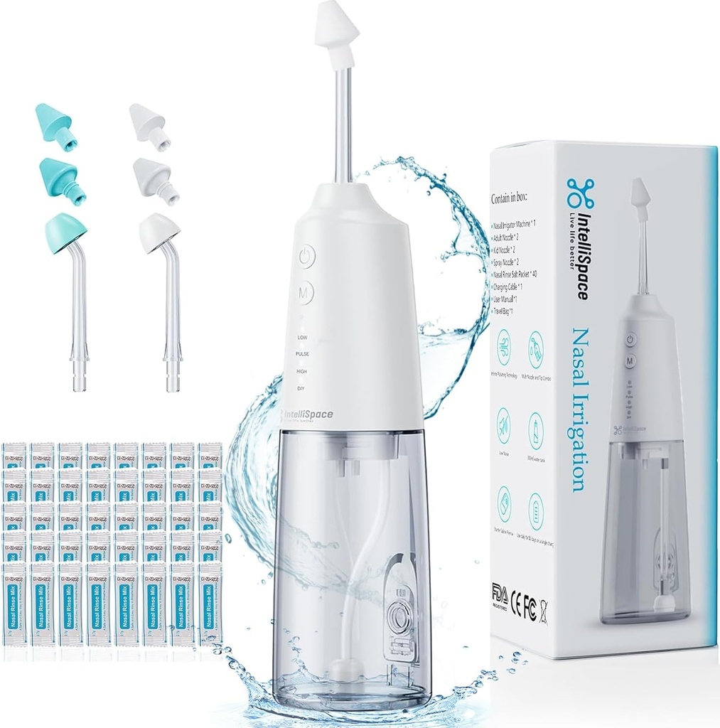 Sistema de Irrigação nasal Portable Nasal Rinse máquina sem fio para Sinus Allergy Relief Nasal Care - Electric Neti Pot para Irrigação nasal - Sinus Rinse Kit com 6 bicos 40 pacotes de sal