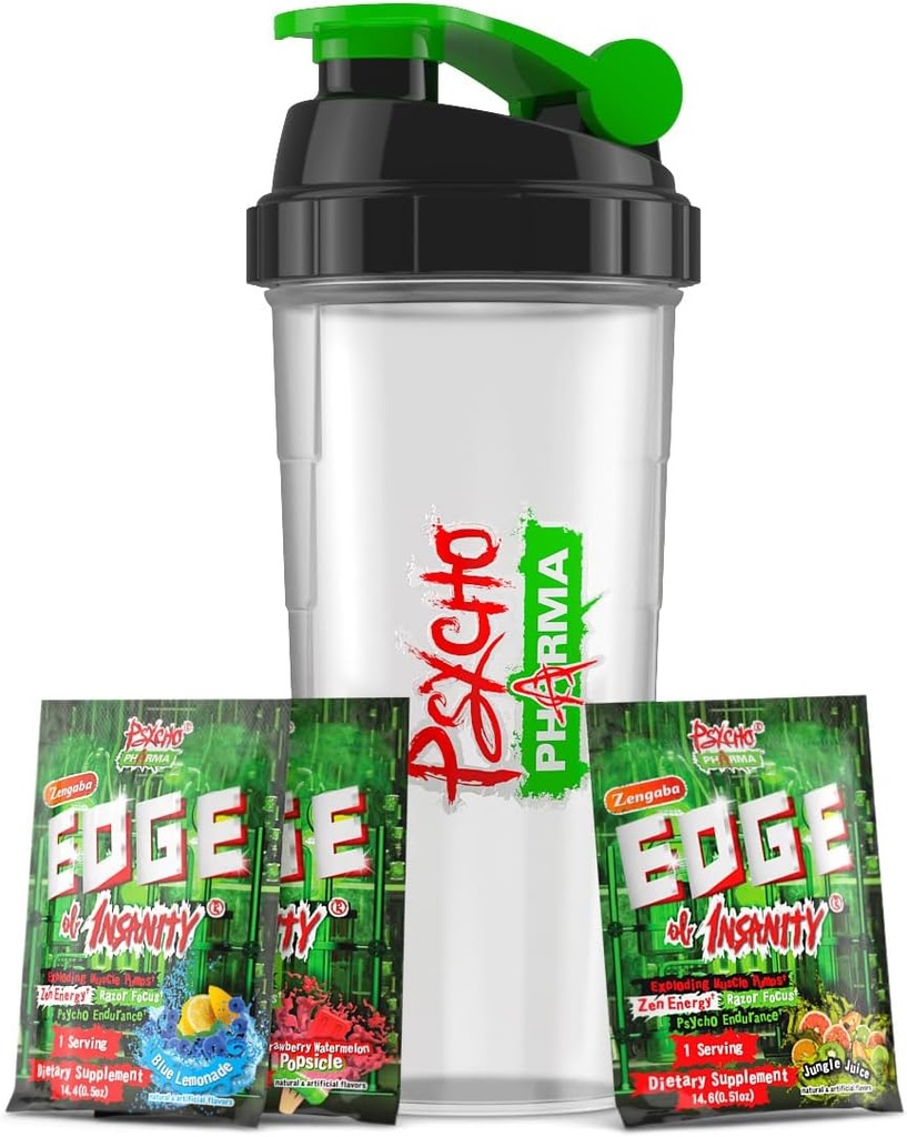 Psycho Pharma Edge of Insanity Pré-treino – Pó mais forte alto Stim para bombas intensas, força, energia e foco – 3 sabores de amostra + copo de shaker livre (juice jungle, limonada azul, morango)