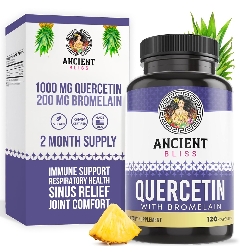 Ancient Bliss Quercetin com Bromelain ou Quercetin 1000mg Bromelain 200mg por Serving Suporta Sistema Imune, Saúde Conjunta, Saúde Respiratória e Bem-Estar Geral – 120 Cápsulas