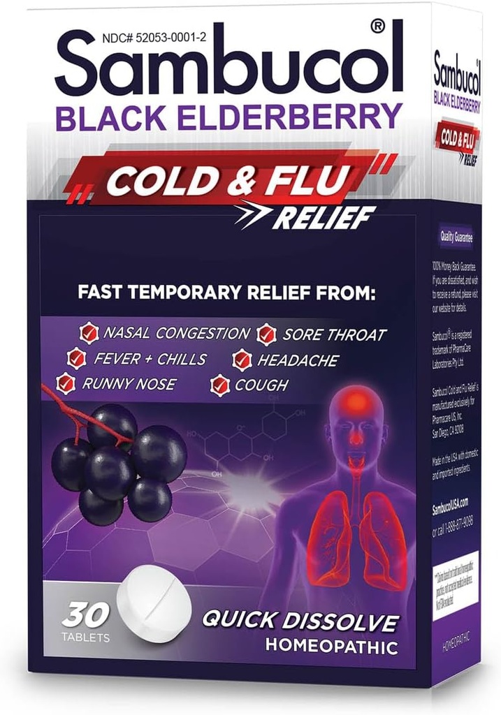 Sambucol Comprimidos de frio e alívio da gripe - Medicina fria homeopática, remédio frio para adultos, Amora preta para resfriados, Zinco Remedy frio - 30 Conde