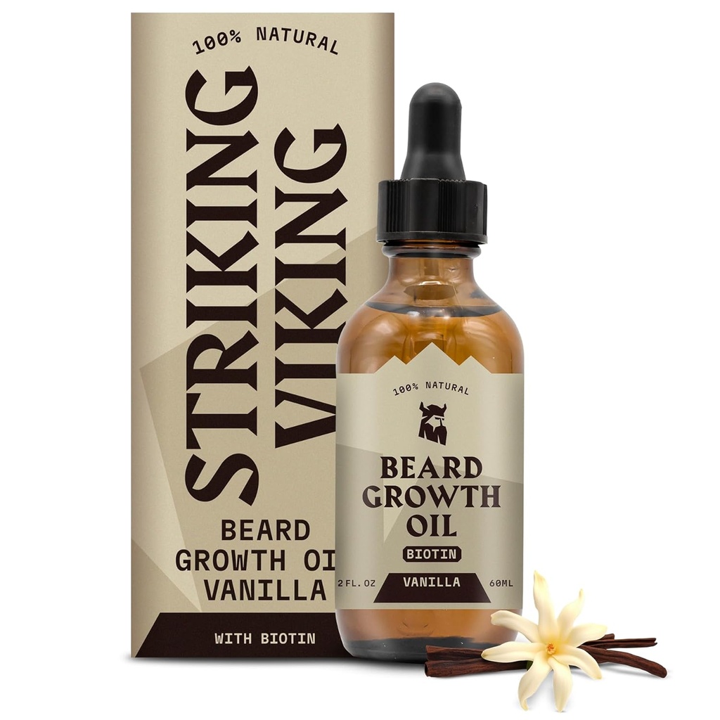 Striking Viking Beard Growth Oil with Biotin - 2 Fl Oz, Baunilha - Espessura, Condicionamento Biotin Beard Oil Serum para homens com Argan & Jojoba - Serum de crescimento facial do cabelo para homens