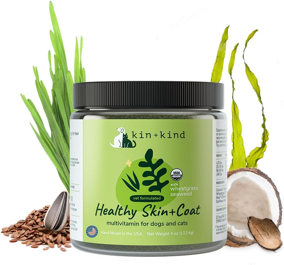 kin+kind Multivitamin Orgânico para Cães e Gatos - Suplemento de Animais de estimação para Pele Saudável e Casaco - Fórmula Natural Segura com Erva de Trigo, Kelp, Algas e Coco - Made in USA - 4 oz (Médio)