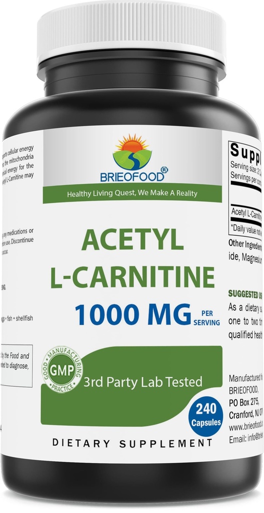 Brieofood Acetyl L-Carnitina 1000 mg Por Serviço- 240 Cápsulas. Sem glúten, sem OGM.