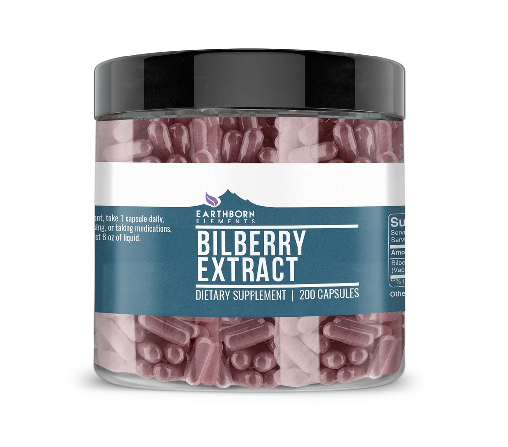 Elementos nascidos na Terra Bilberry Extract 200 Cápsulas, Puro e não diluído, Sem aditivos