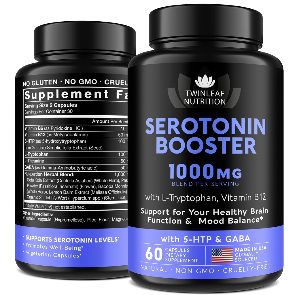 Natural Serotonin Supplement - Made in USA 5HTP Serotonin & Cortisol Manager - Serotonin Booster Vitamina Suplemento para Mulheres com 5-HTP, Vitamina B6, B12, GABA, L Theanina, L Tryptophan - 60 cápsulas