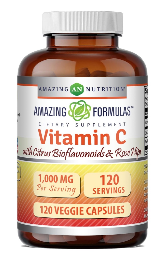 Fórmulas surpreendentes Vitamina C (Ácido Ascórbico) 1000 Mg com Rose HIPS & Citrus Bioflavonoids □ Veggie Capsules Supplement □ Não-GMO □ Gluten Free □ Made in USA (120 Count)