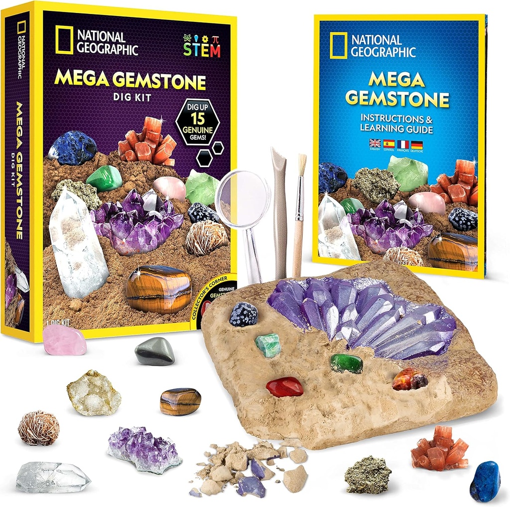 GEOGRAFIC GEOGRAFIC Mega Gemstone Dig Kit – desenterrar 15 Gemstones reais e cristais, Kit de ciência para crianças, Kit de escavação de gema, Presente para meninas e meninos, Kit de mineração, Coleção de rocha