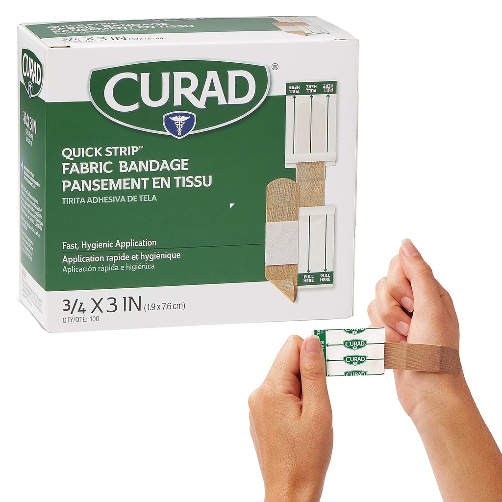 CURAD Faixa rápida tecido adesivo bandagens esterilizadas com aplicação rápida, 3/4" x 3", Caixa de 100