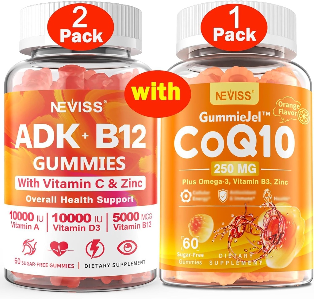 NEVISS 2Pack Vitamina ADK com pastilhas B12 + 1Pack CoQ10-250mg chicletes preenchidos