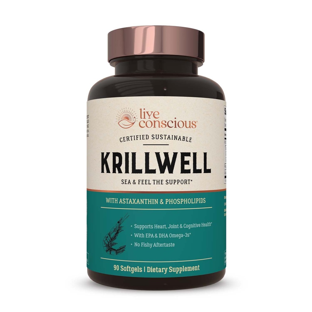 Live Conscious KrillWell, Joint, e Cognitive Support (Apoio Conjunta e Cognitivo) Certified Sustainable Krill Oil 2X mais eficaz do que o óleo de peixe - 30 dias de fornecimento