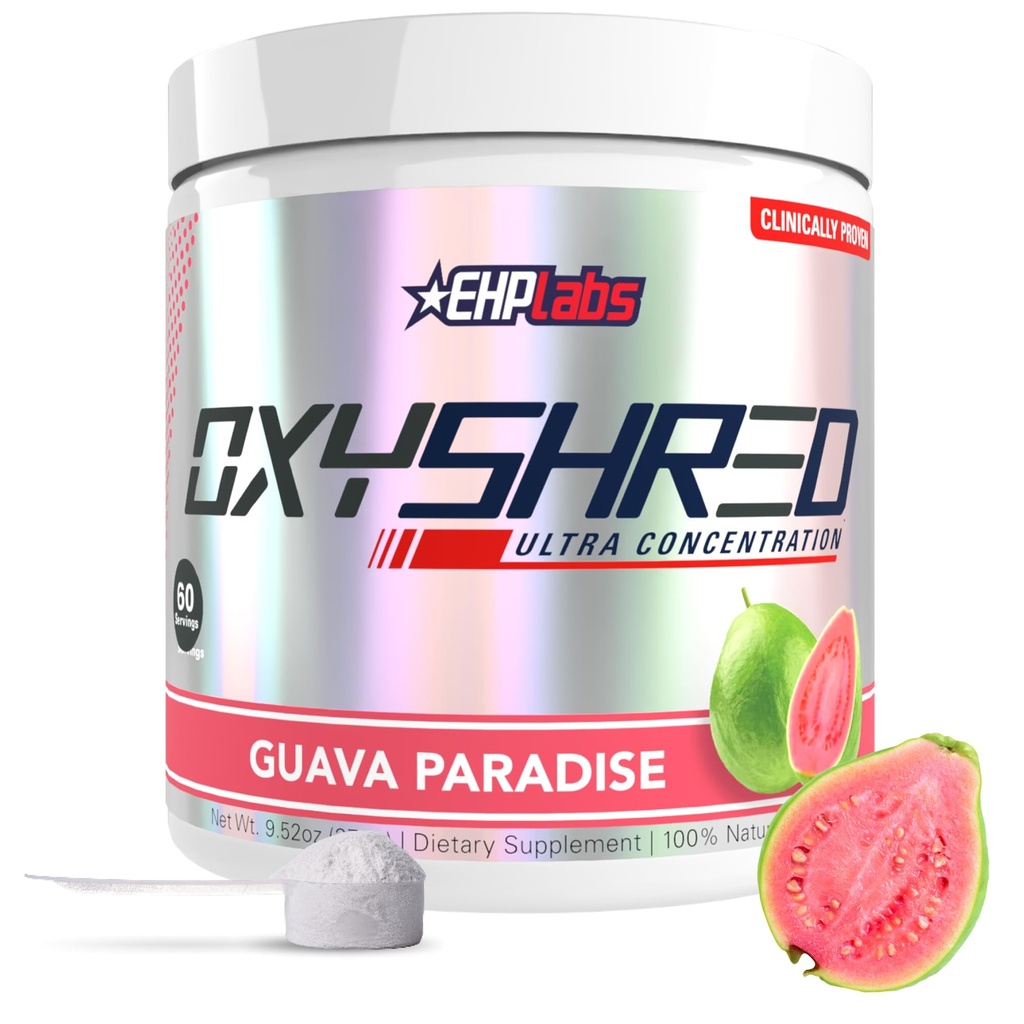EHP Labs OxyShred Pré Treino em Pó e Shred Suplemento - Pré-treino em Pó com L Glutamina e Acetil L Carnitina, Energia Boost Drink - Guava Paradise, 60 Servings