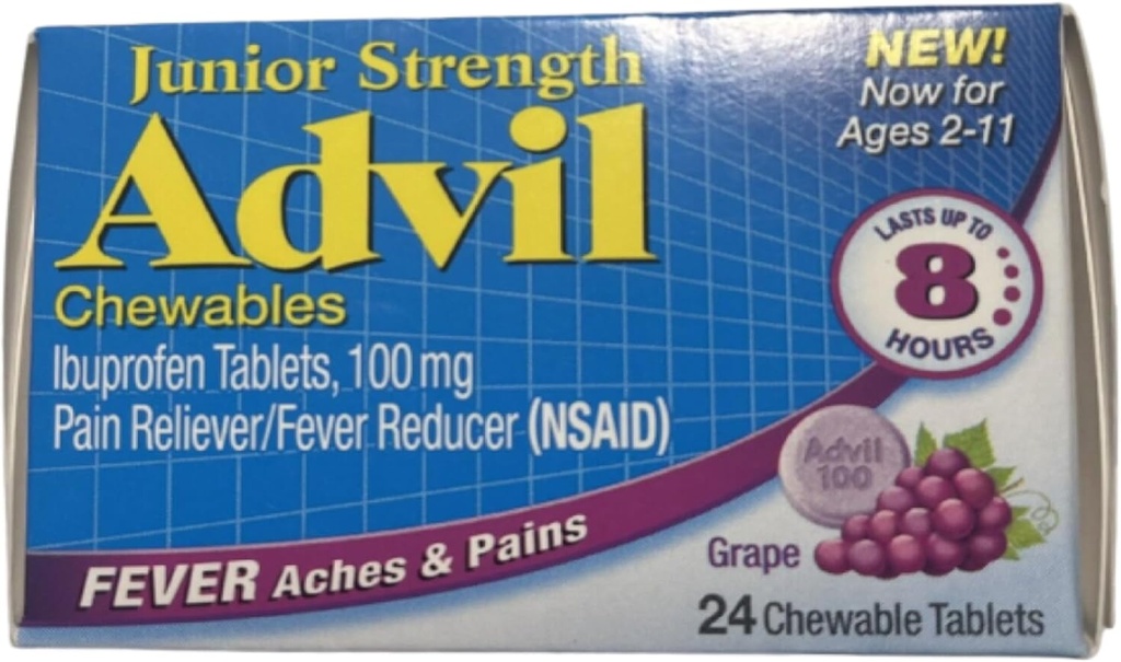 Comprimidos de Ibuprofeno mastigáveis Advil Junior, 100mg de uva, 24 comprimidos cada (Pacote de 4)