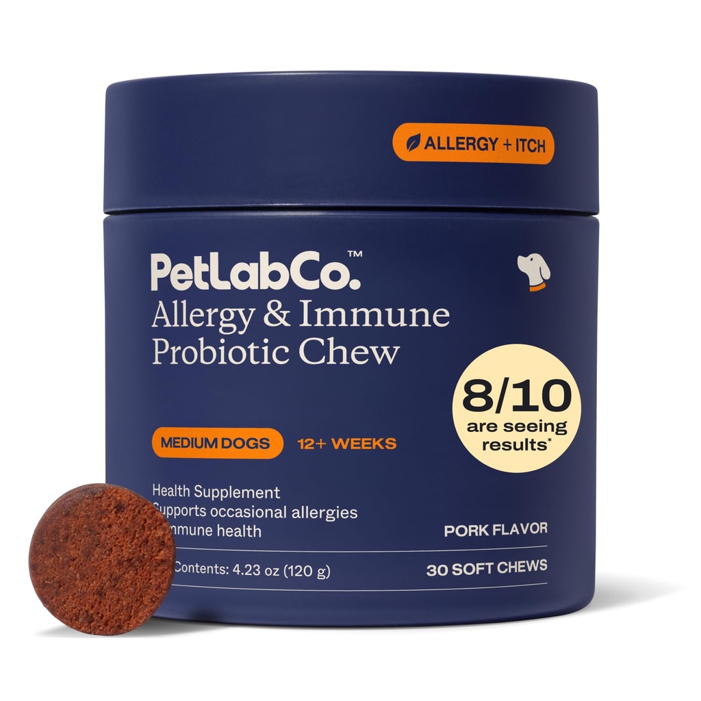 PetLab Co. Alergia & Imune Probióticos diários para cães. Suporta Produção de Levedura, Alergias Sazonais, Coceira Intermitente, Gut & Saúde Digestiva para cães de tamanho médio, Embalagem Maio Vary