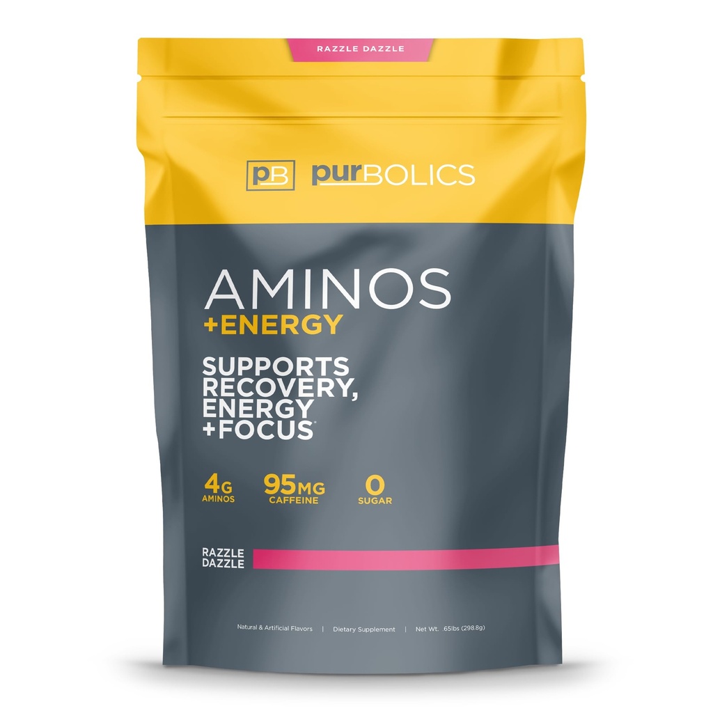 Purbólicos Aminós + Energia . Apoia Recuperação, Energia e Foco .. 95mg de Cafeína, 0 Açúcar & 60 Servings (Razzle Dazzle)