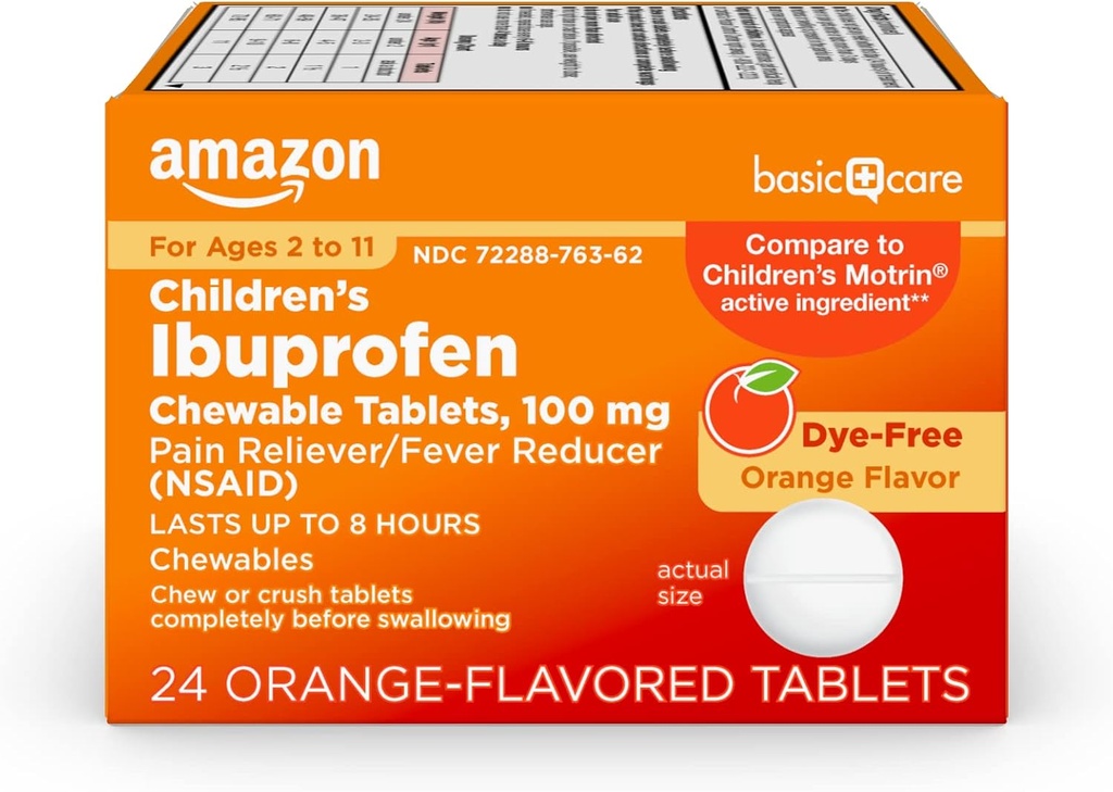 Cuidados Básicos Ibuprofeno Infantil Comprimidos Mastigáveis, Reliever Dor e Redutor de Febre, sabor laranja, Idades 2-11, Dura até 8 horas, 100 mg, 24 contagem