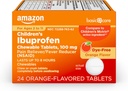 Cuidados Básicos Ibuprofeno Infantil Comprimidos Mastigáveis, Reliever Dor e Redutor de Febre, sabor laranja, Idades 2-11, Dura até 8 horas, 100 mg, 24 contagem