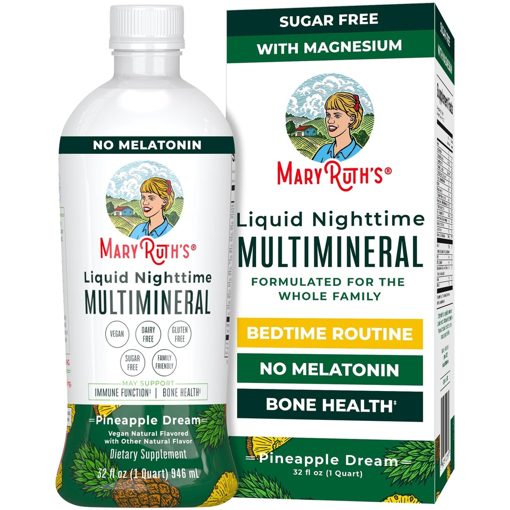 MaryRuth Orgânicos Líquidos Durante a noite Multimineral □ NO Melatonina □ Citrato de magnésio □ Cálcio □ Zinco □ Vitamina D3.