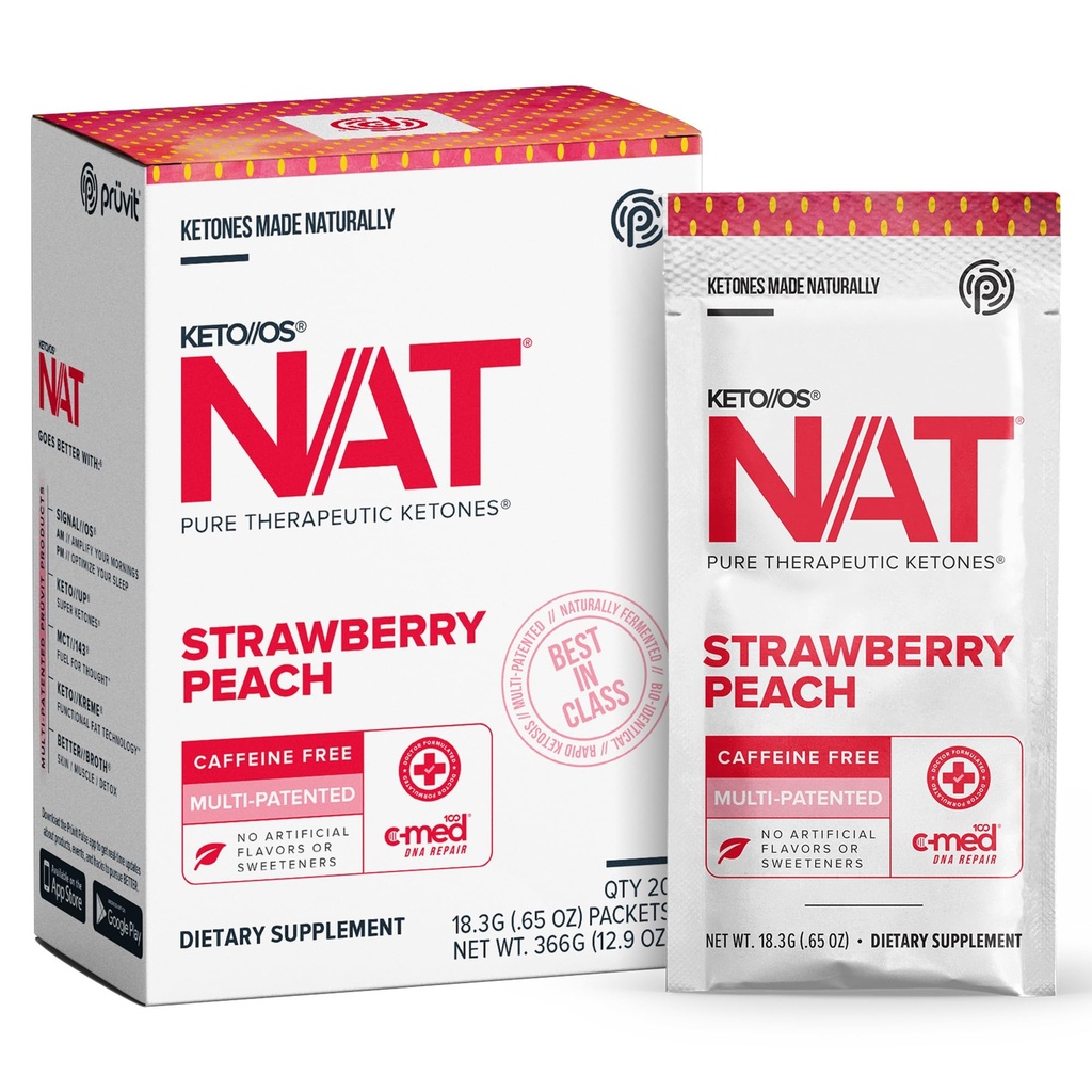 PRÜVIT OS NAT Strawberry Peach Keto Suplementos – Cafeína grátis - para homens e mulheres (20 Conde)