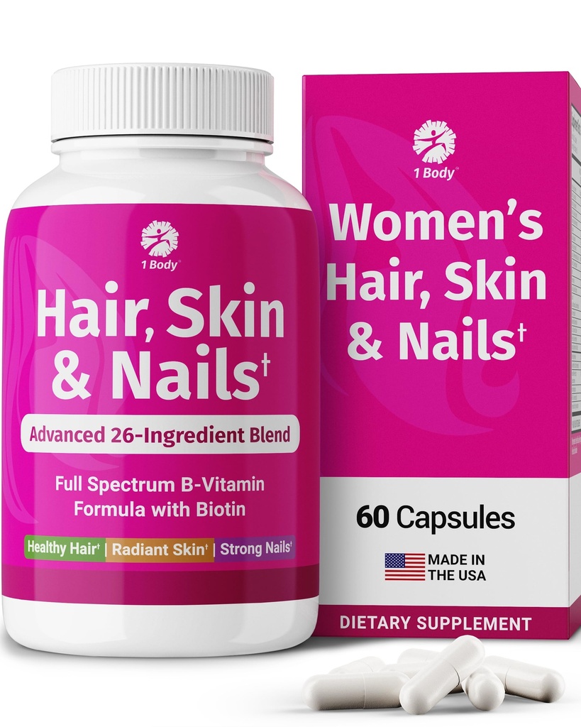 1 Pele de cabelo corporal e unhas Vitaminas com biotina – Suplemento de crescimento do cabelo para mulheres e homens com 26 vitaminas, minerais e extratos de ervas – Cabelo mais forte, pele saudável & unhas – 60 cápsulas Vegan